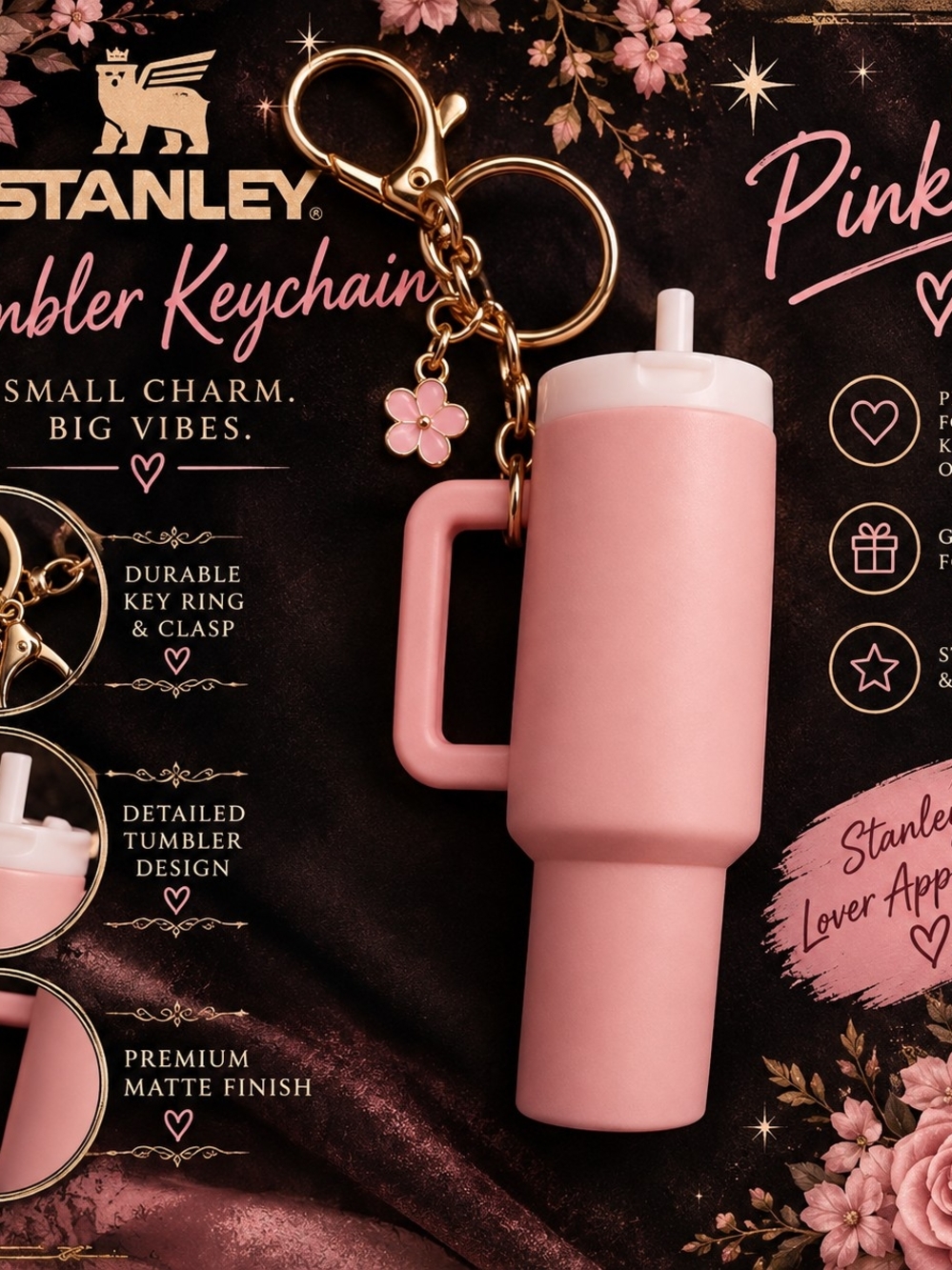 Light Pink Stanley Style Tumbler Keychain with Gold Hardware and Floral Charm!!